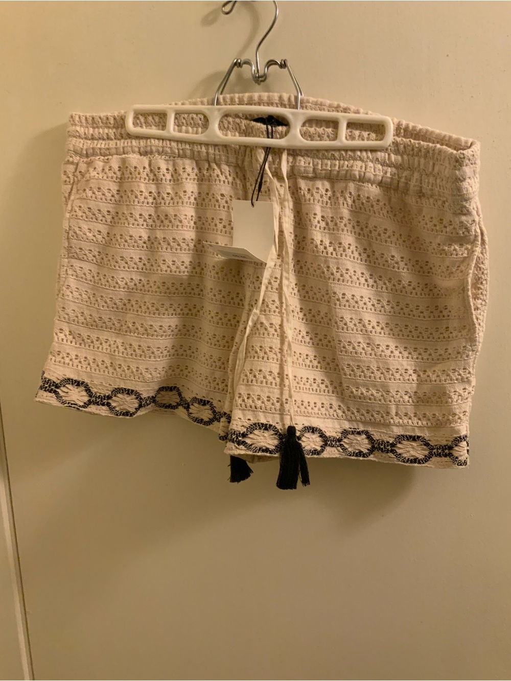 Zara Cream Crochet Shorts with Black Tassel Trim